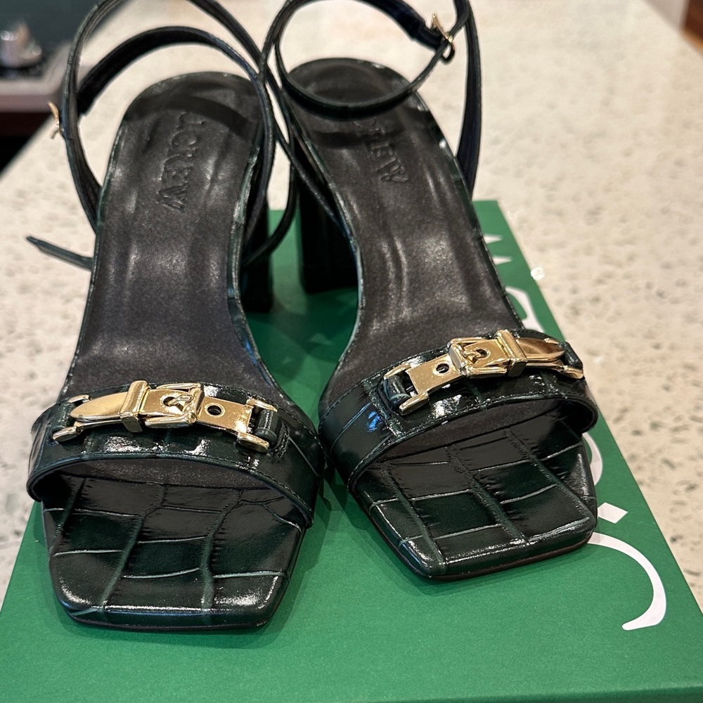 J. Crew croc embossed leather sandal heel with buckle Old Forest Green Shoe